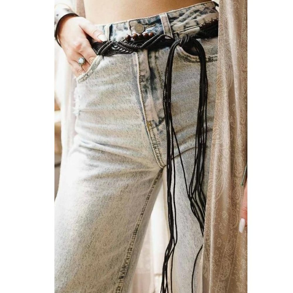 Braided Bead Tie Belt Cotton Total Length: 68" Black, Camel, or Ivory Hippie